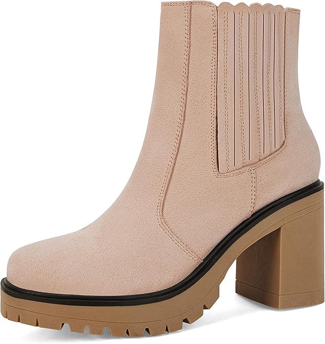 Womens Lug Sole Platform Ankle Boots Elastic Non Slip Chelsea Chunky Block Heels Slip On Fashion ... | Amazon (US)