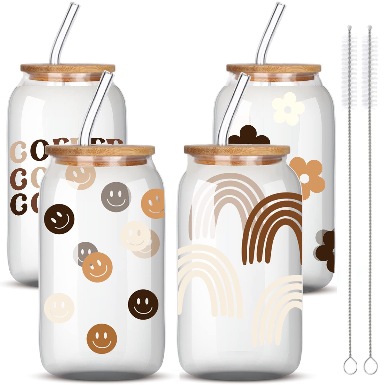 Whaline 4Pcs Boho Ice Coffee Cup with Bamboo Lids and Straws, 16oz Retro Groovy Drinking Glasses, Be | Amazon (US)