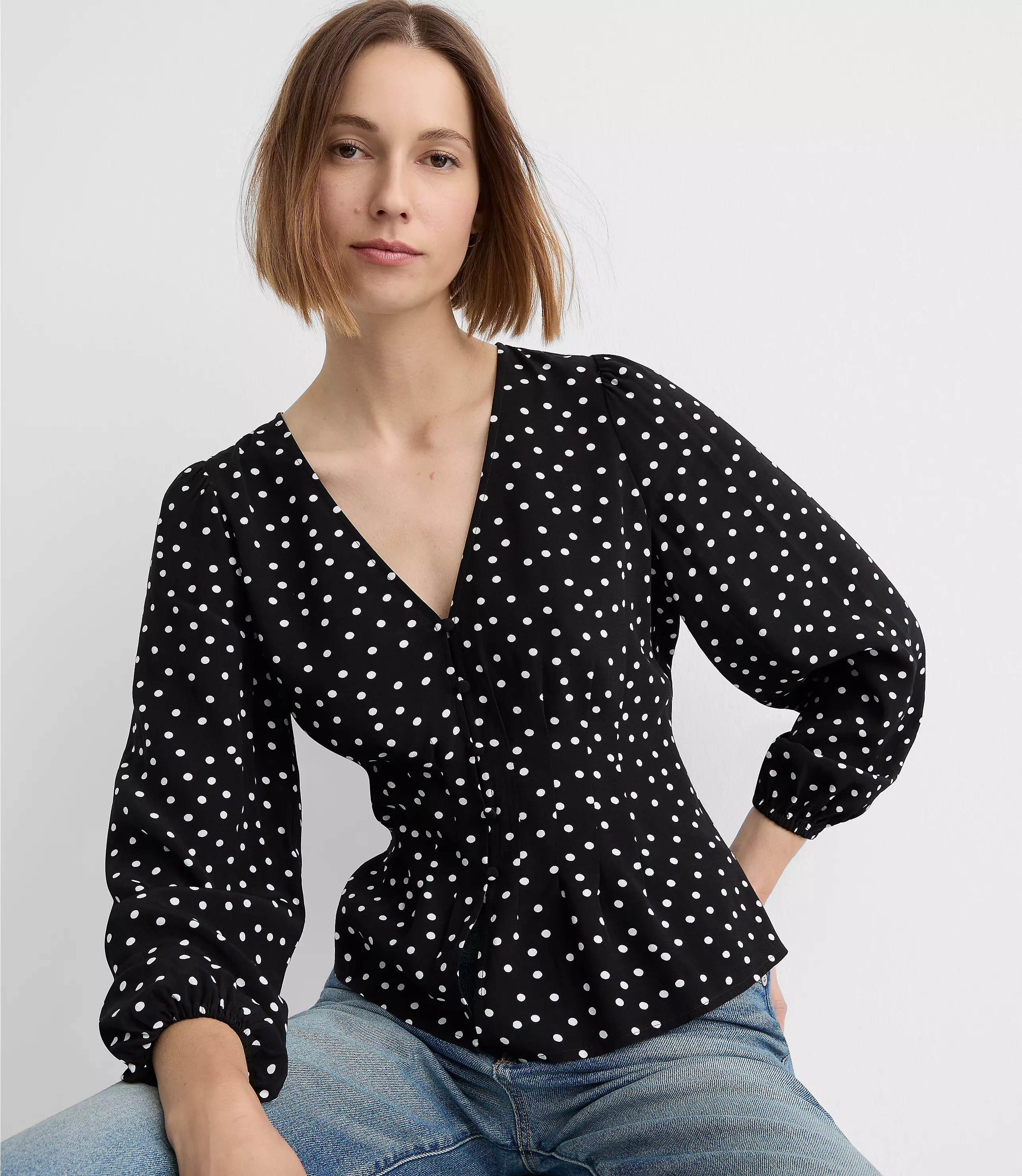 Dotted Pleated Peplum Blouse | LOFT