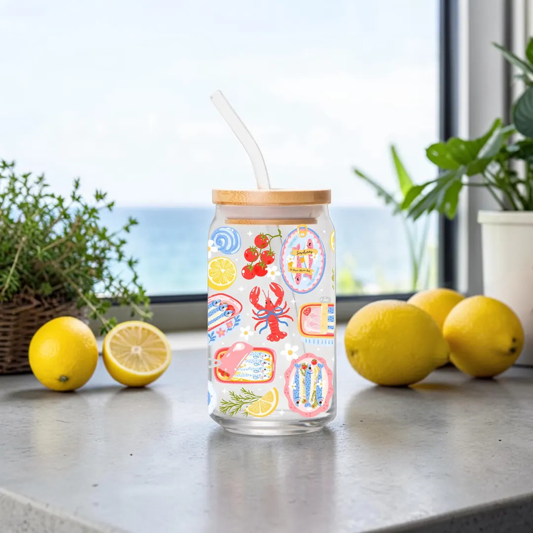 Coastal Seafood Glass Cup (16oz) Sardine Lemon Crab Design, Beach Drink Tumbler | Etsy (US)