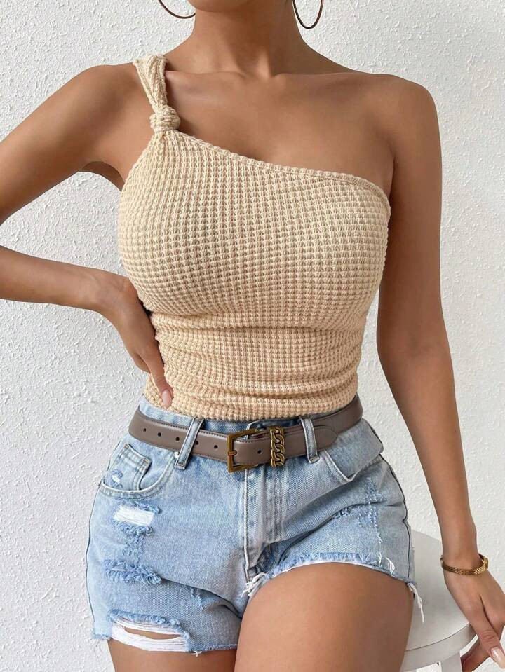 Chiquease Solid One Shoulder Waffle Knit Knot Detail Ruched Side Top | SHEIN