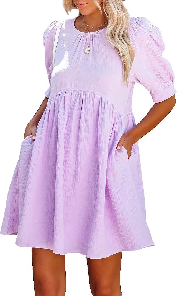 R.Vivimos Summer Dress for Women Cotton Puff Sleeves Boho Casual Loose Babydoll Mini Dress with Pock | Amazon (US)