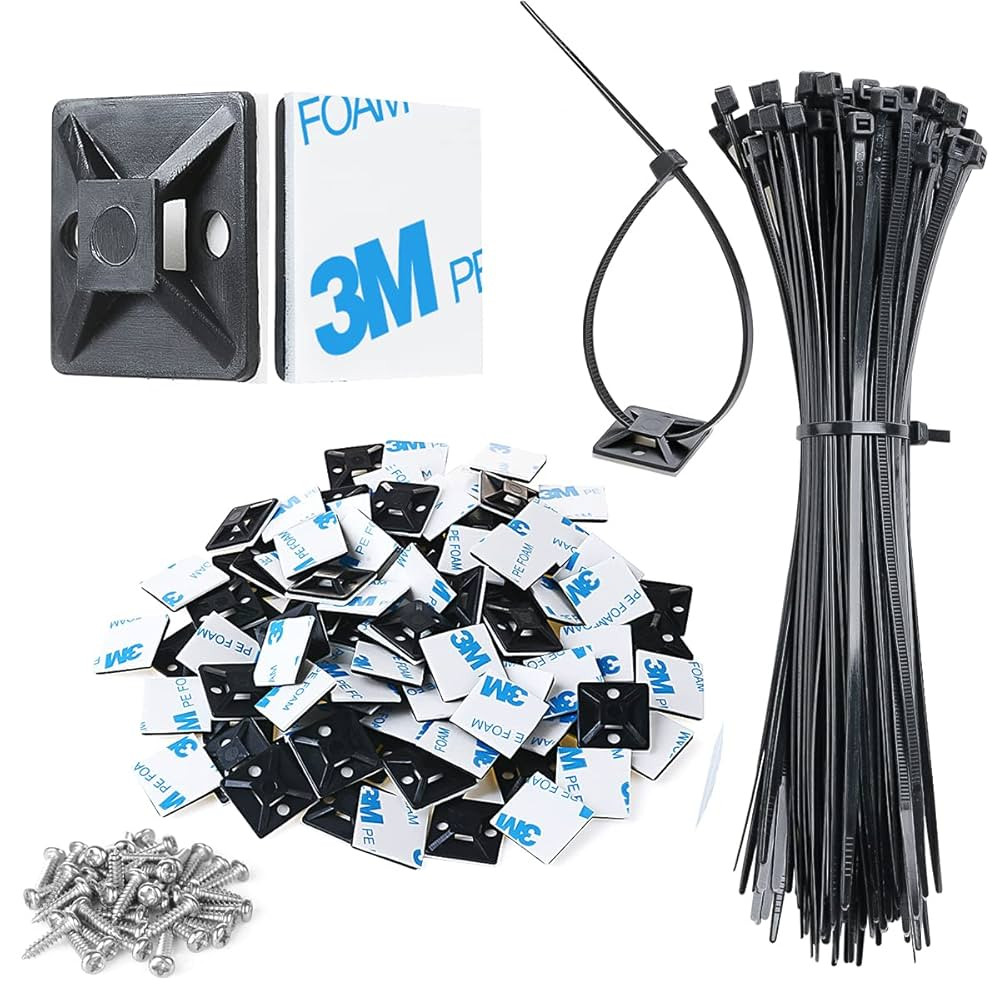 XHF 3/4" Strong Back-Glue Self Adhesive Black Cable Zip Tie Mounts 100pcs with 8" Zip Ties, Screw... | Amazon (US)