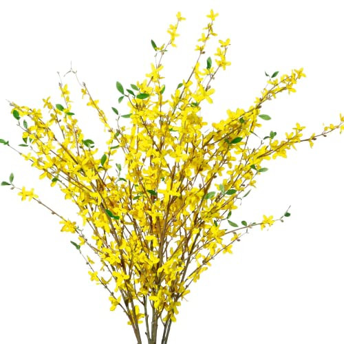 Sggvecsy Fake Forsythia Stems Artificial Orchids Flowers 4 Pcs Fake Forsythia Branches Fake Faux Long Stem Flowers Yellow Silk Forsythia Branches for Home Wedding Indoor Outdoor Decoration | Amazon (US)