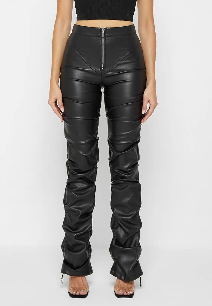 Tacked Vegan Leather Flared Trousers - Black | Maniere De Voir