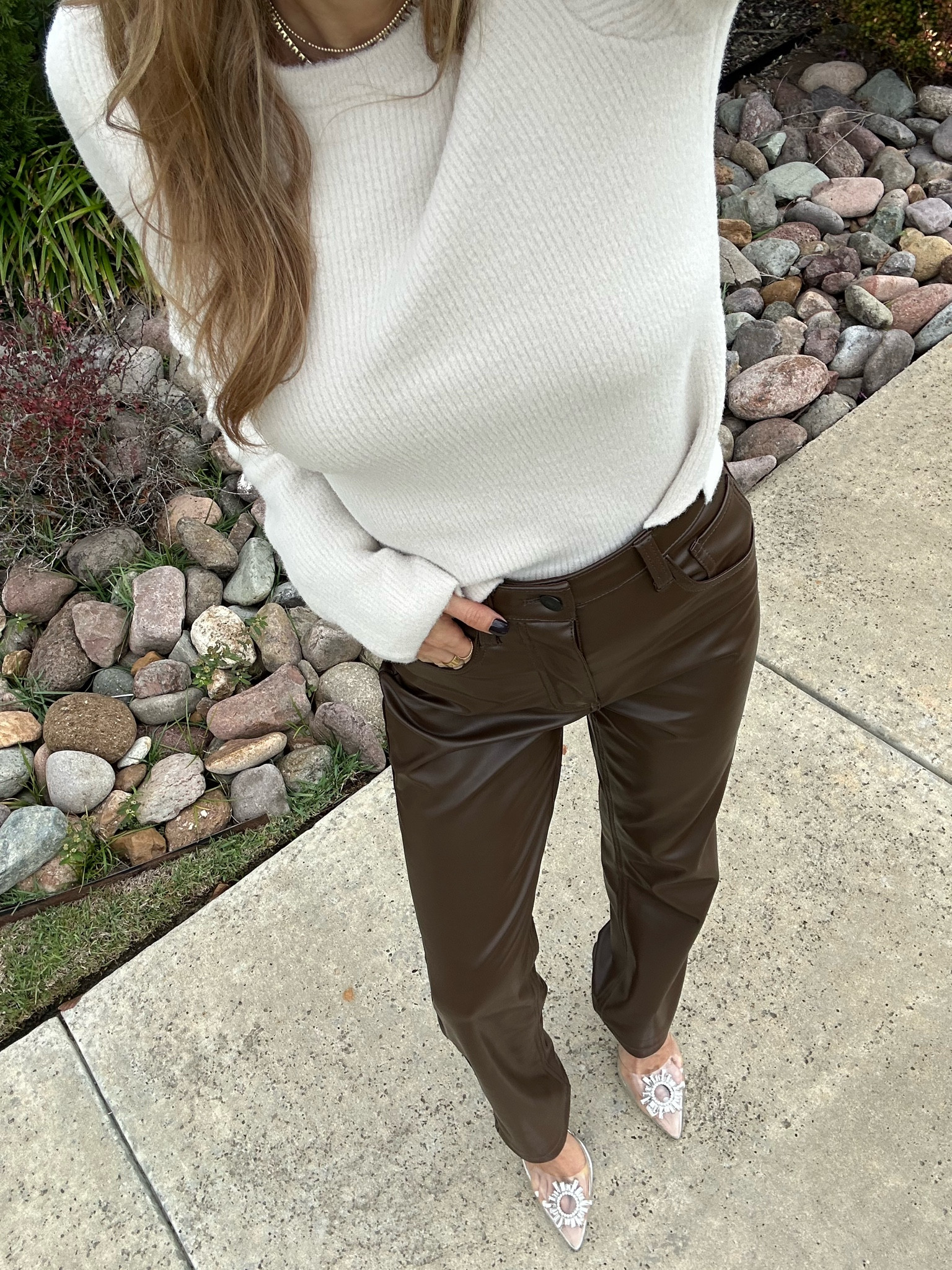 Ivory super soft sweater size Xs, vegan leather pants size 24 short use code AFBELBEL 

#LTKsalealert #LTKunder50 #LTKunder100