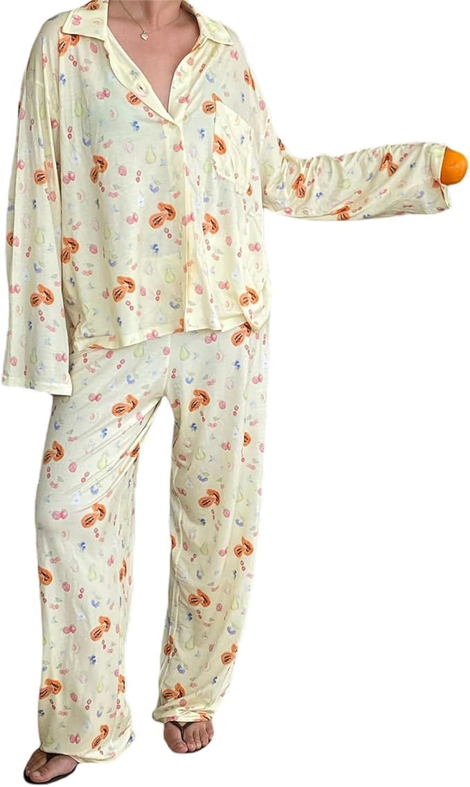 Raruxxin 2 Piece Printed Pajama Set for Women Cute Strawberry Floral Fruit Pattern Shirt Pants Sl... | Amazon (US)