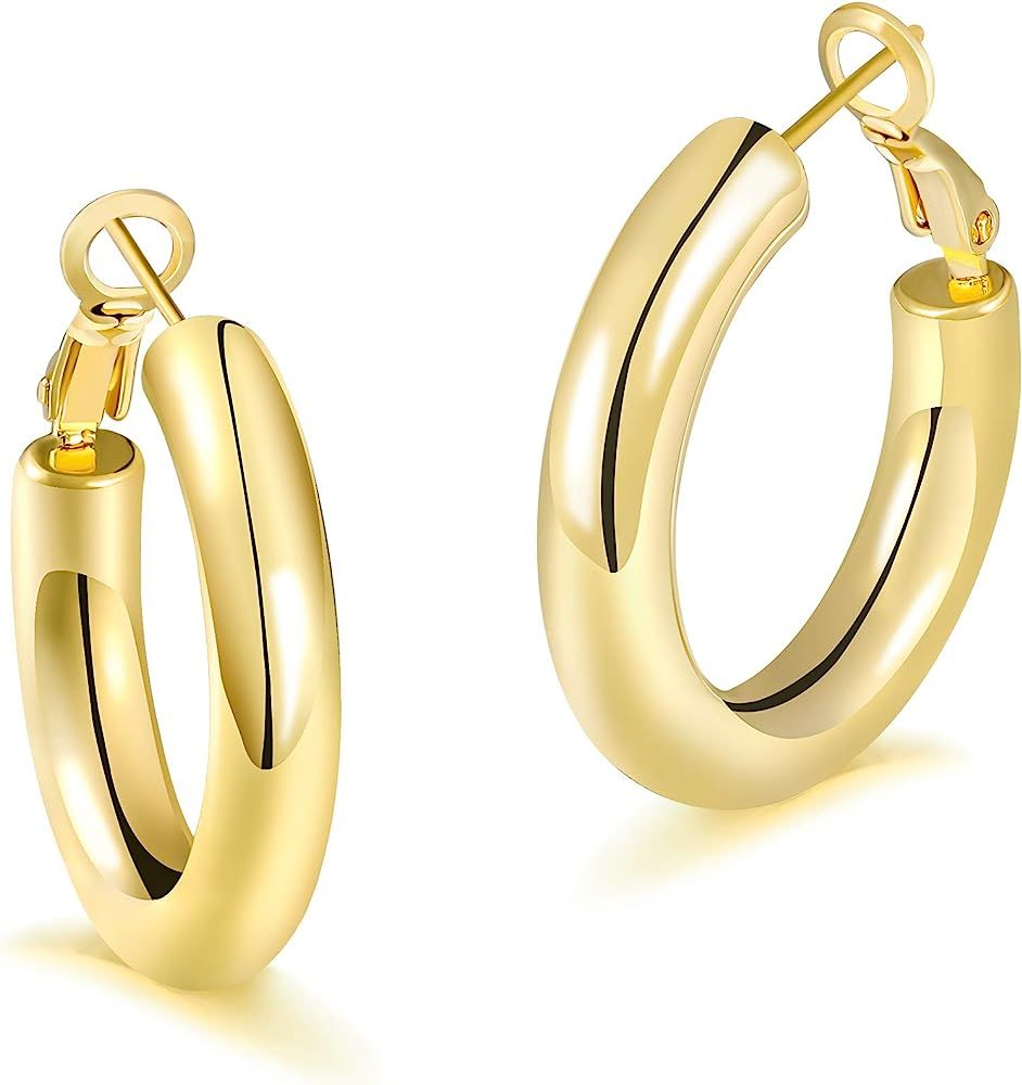 Gold Hoop Earrings for Women, Hypoallergenic Lightweight 14K Real Gold Plated Chunky Hoop Earring... | Amazon (US)
