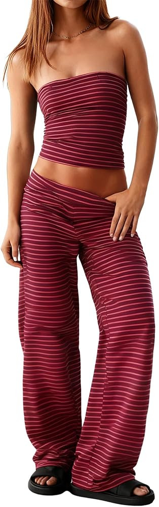 Women Striped Two Piece Set Tube Top Wide Leg Pants Summer Casual Matching Lounge Set Beach Vacat... | Amazon (US)