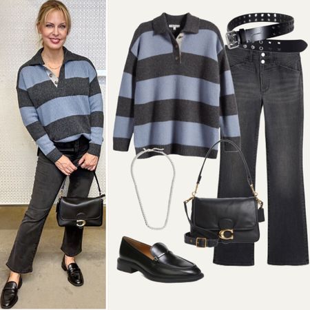 Loving this rugby-style sweater and kick-crop jeans from Madewell! 20%off exclusively in the LTK app through 10/29! Loafers, shoulder bag, belt, necklace from Nordstrom. 

#LTKsalealert #LTKover40 #LTKxMadewell