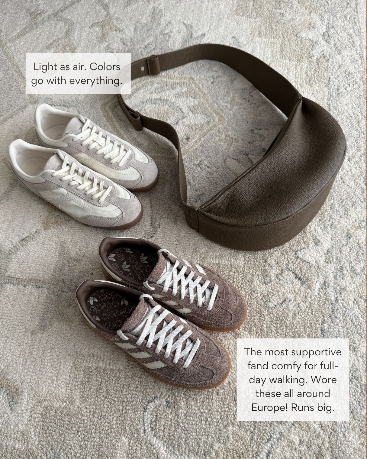 Sizing below! Neutral shoes & bag 
• Zara sneakers very lightweight, slightly roomy so can size down if you’re a half size. These have light padding but no arch support inside so the adidas or NB is better for that 

• Adidas handball spezial sneakers 5, runs big and fits loose on me but so comfy and supportive. would size down half if they made smaller

• Amazon genuine pebbled leather crossbody sling bag nice quality, COS look for less 

Suede sneakers, spring summer staples, comfortable travel shoes

#LTKTravel #LTKmomlife #LTKPetite