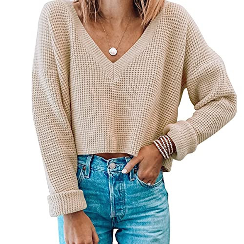 Womens V Neck Long Sleeve Tops Crop Waffle Knit Crepped Casual Loose Pullover Crop Sweater S Beige | Amazon (US)