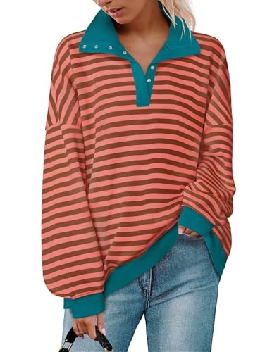 ZESICA Sweatshirts for Womens Long Sleeve Lapel V Neck Striped Oversized Tops,Coral,Medium | Amazon (US)