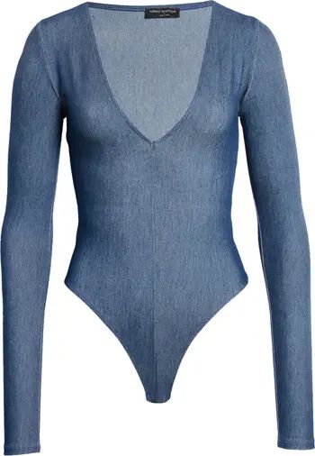 Deep V-Neck Long Sleeve Stretch Denim Bodysuit | Nordstrom