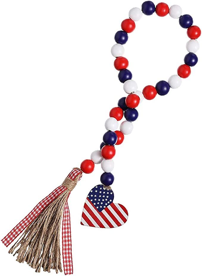 Benwanfee Wood Bead Garland with American Flag and Rustic Tassels, Farmhouse Wall Hanging Prayer ... | Amazon (US)