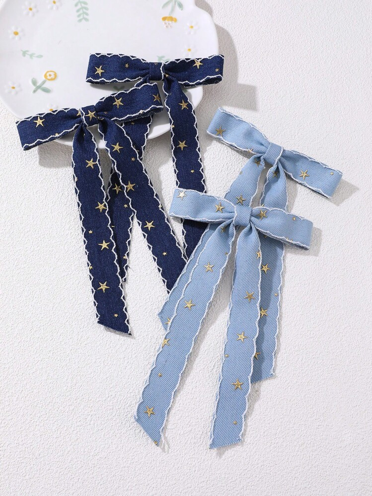2pcs/4pcs Simple Retro Blue-Green & Navy Blue Five-Pointed Star Printed Bow Knot Hair Clip, Elega... | SHEIN