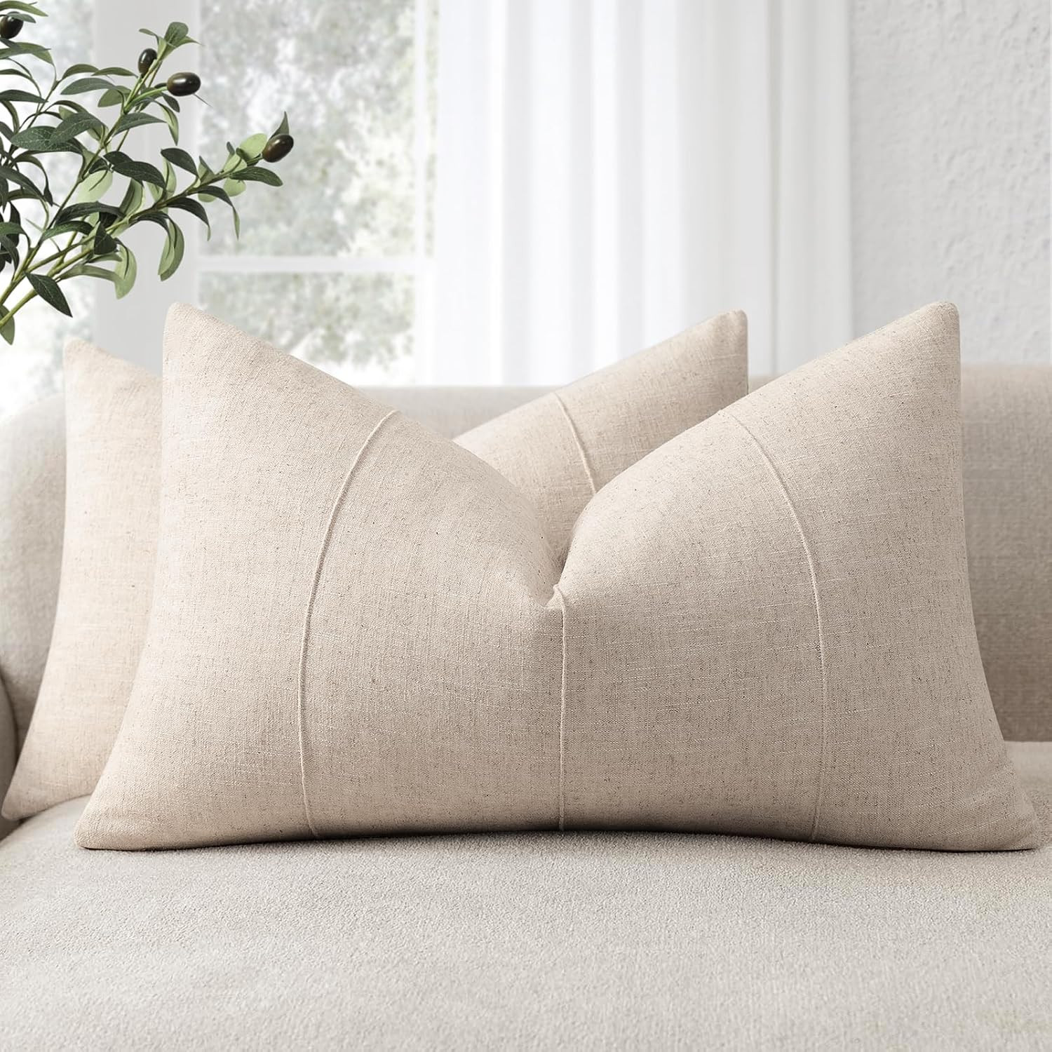 12x20 Pillow Covers Set of 2 Decorative Linen Solid Handcrafted Striped Throw Pillows for Bed Soft Modern Farmhouse Neutral Pillowcase for Couch Bedroom Living Room Home Decor(Natural Beige) | Amazon (US)