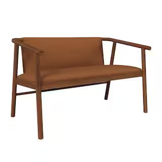 Handy Living Wellman Mid-Century Modern Cognac Faux Leather Fabric with Cherry Finish 44.49 in. W Dining and Bedroom Bench | The Home Depot