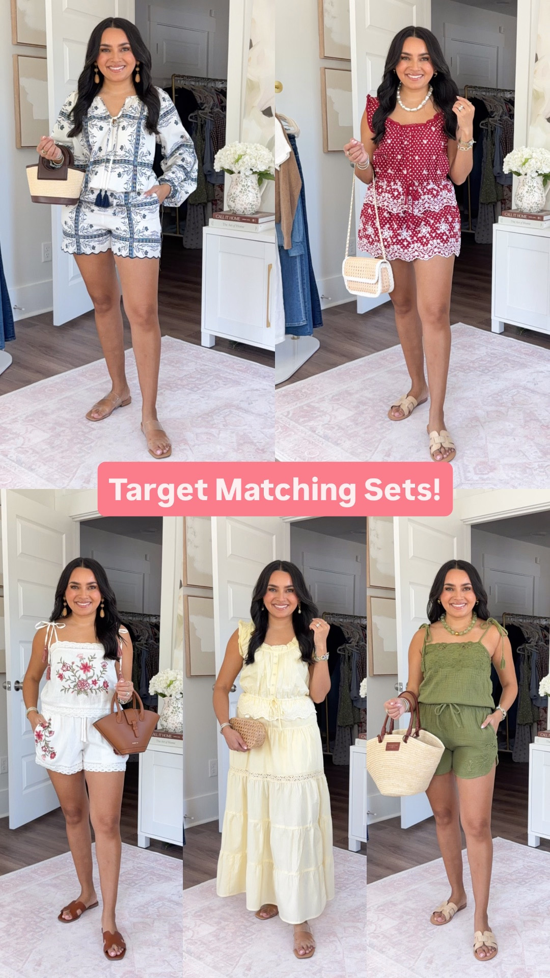 Target Matching Sets!
For reference: I’m 5’0, petite, 32b bra size, and 2/26 in bottoms, pear shaped. 
*Everything I share is unaltered! TTS means true to size. Between size 5-6.5 in shoes

Blue printed long sleeve top size xs TTS
Blue printed scallop shorts size 2 TTS
Clear sandals size 5.5 TTS

Red eyelet top size xxs TTS
Red eyelet skort size xs TTS
Tan sandals size 5.5 TTS

Cream floral embroidered tie shoulder tank size xs TTS
Cream floral embroidered shorts size xs TTS
Brown  sandals size 5.5 TTS

Yellow top size xxs TTS
Yellow maxi skirt size xs TTS
Clear sandals size 5.5 TTS

Olive green tie shoulder tank size xs TTS 
Olive green shorts size xs TTS
Tan sandals size 5.5 TTS

White linen top size xs TTS
Tan linen pants size xs, 28” inseam TTS
Clear sandals size 5.5 TTS

#LTKootd #LTKPetite #LTKgrwm