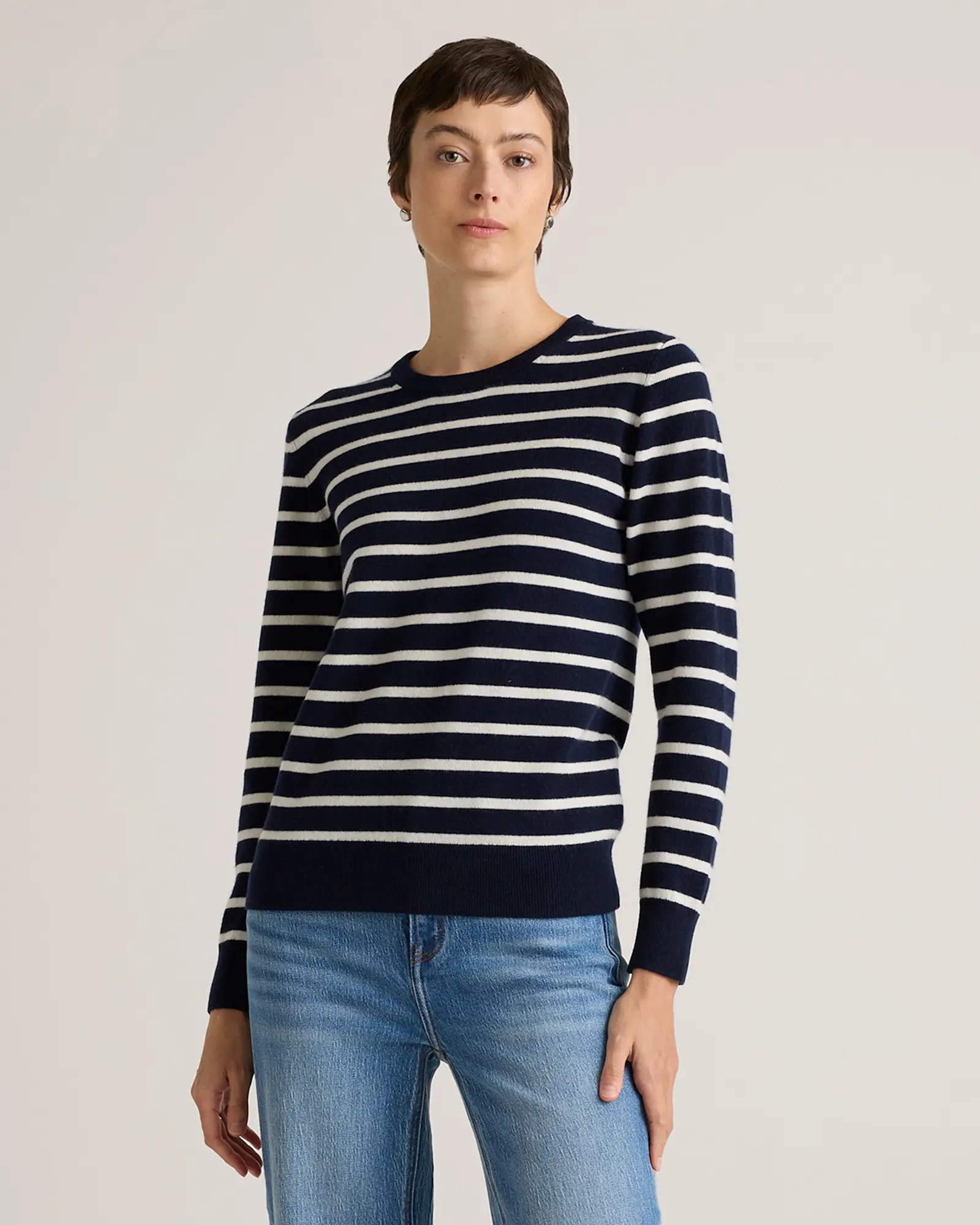 Mongolian Cashmere Crewneck Sweater in True Navy/ivory Stripe | Quince