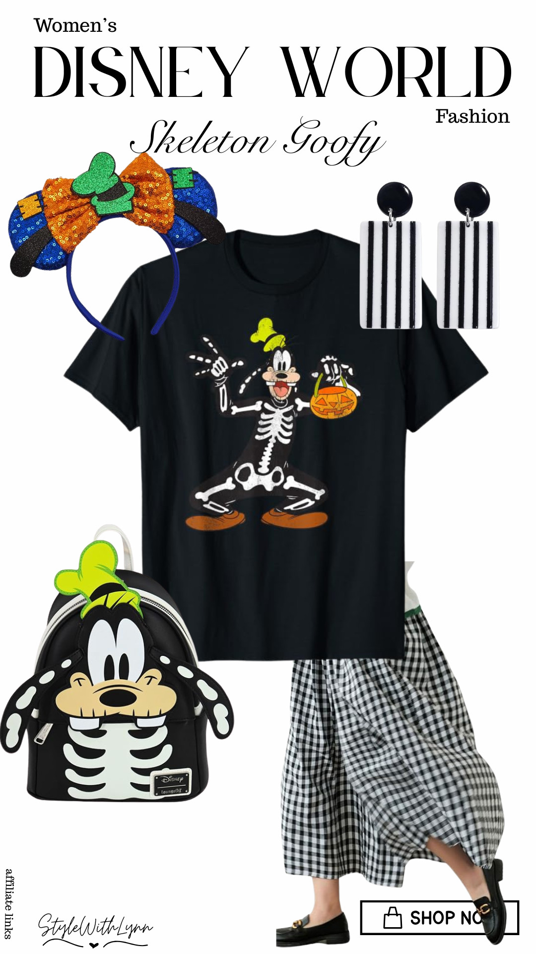 👻💚 Skeleton Goofy is bringing all the spooky fun to Disney! This Halloween park outfit is playful, comfortable, and perfect for a day at Magic Kingdom or Mickey's Not-So-Scary Halloween Party. I paired a Skeleton Goofy graphic tee with black-and-white gingham pants, a matching Loungefly backpack, striped statement earrings, and sparkling Goofy ears for a look that's festive without sacrificing comfort.

Whether you're meeting your favorite characters, trick-or-treating through the parks, or snapping photos in front of Cinderella Castle, this Disney-inspired outfit is sure to stand out. Halloween style at Disney is all about mixing your favorite characters with wearable pieces you can enjoy from rope drop to fireworks.

✨ Shop this entire look through the link in my bio or my LTK, and follow for more Disney World outfit inspiration, Disney fashion finds, and park-ready style ideas!

#DisneyWorldOutfit #DisneyHalloween #SkeletonGoofy #GoofyStyle #DisneyFashion #DisneyStyle #DisneyBound #MickeysNotSoScaryHalloweenParty #MNSSHP #MagicKingdom #DisneyMom #HalloweenOutfit #DisneyParks #DisneyInfluencer #Loungefly #FallDisneyStyle #DisneyOutfitInspiration 

 #LTKootd #LTKSeasonal #LTKTravel