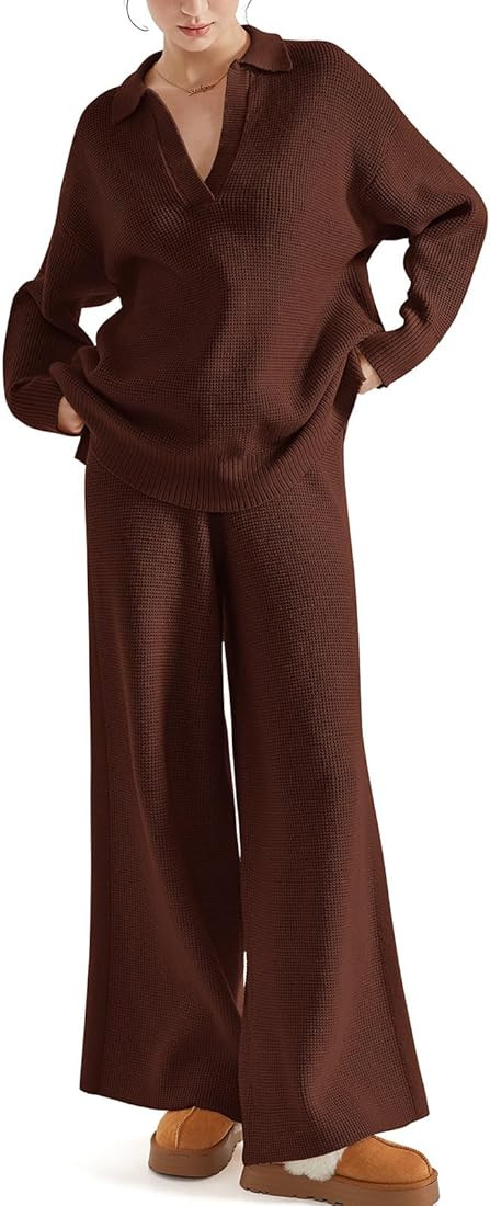 SUUKSESS Women 2 piece Fall outfits Matching Lounge Set Waffle Knit Sweater sets | Amazon (US)