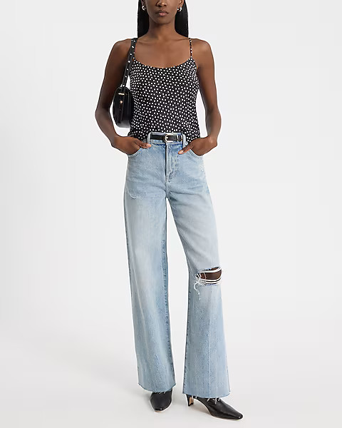 High Waisted Light Wash 50/50 Rigid Stretch Ripped Wide Leg Jeans | Express