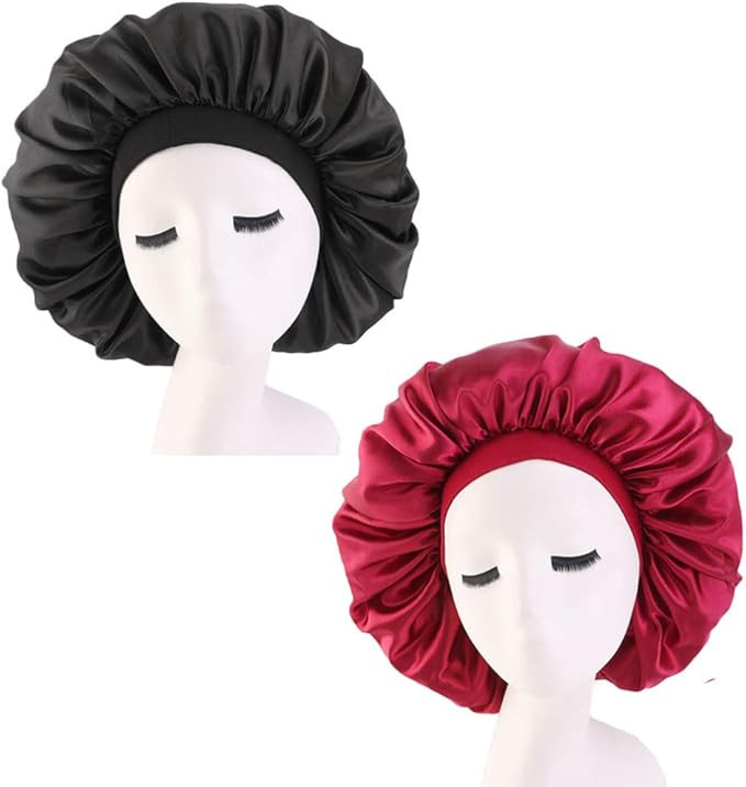 2 PCS Satin Silk Bonnet Sleep Cap, Jumbo Day and Night Cap Salon Bonnet Hat Satin Hair Bonnet Nig... | Amazon (UK)