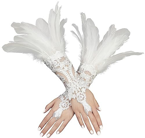 UQJE 2 Pcs Women's White Feather Gloves Gothic Lace Long Gloves Cuff Witch Angel Costume Accessories for Wedding Halloween Party | Amazon (US)