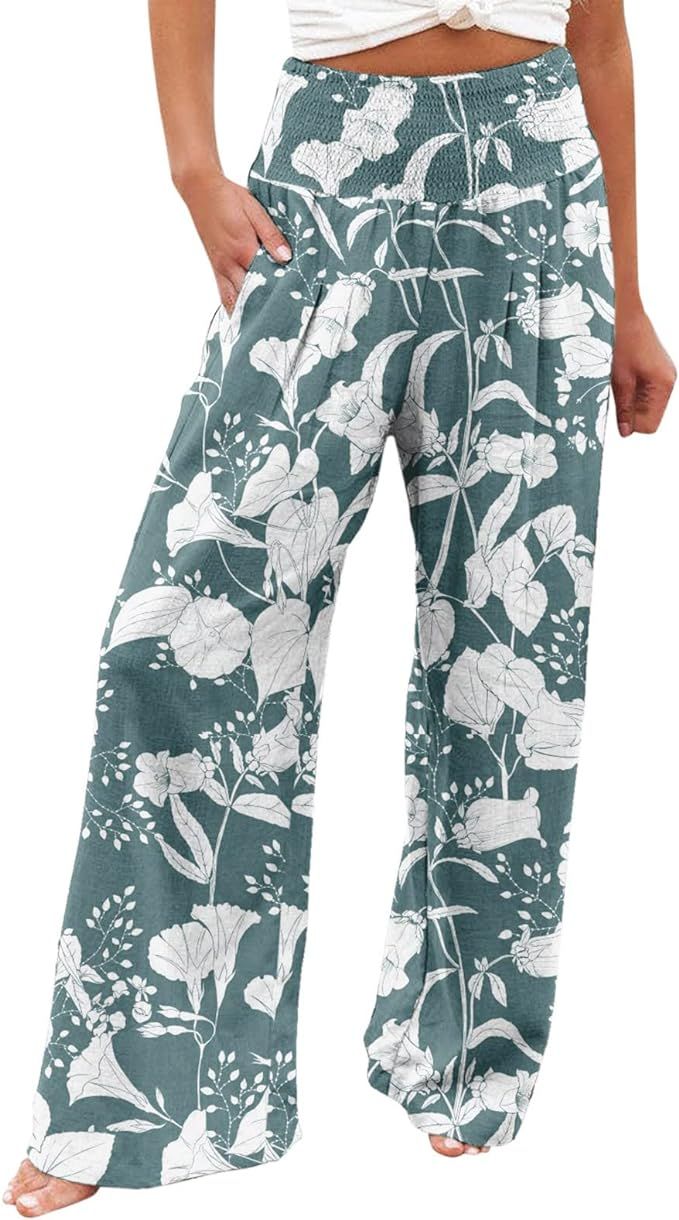 Palazzo Pants for Women Dressy Casual Wide Leg Floral Print Beach Pant with Pockets Elastic Waist... | Amazon (US)