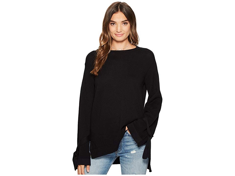 1.STATE Long Sleeve Crewneck Sweater w/ Sleeves Cuff Ties (Rich Black) Women's Sweater | 6pm