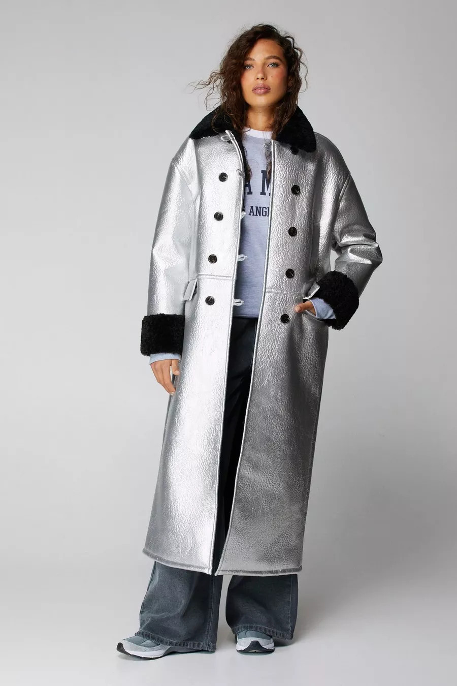 Premium Faux Leather Metallic Bonded Maxi Aviator Jacket | Nasty Gal US