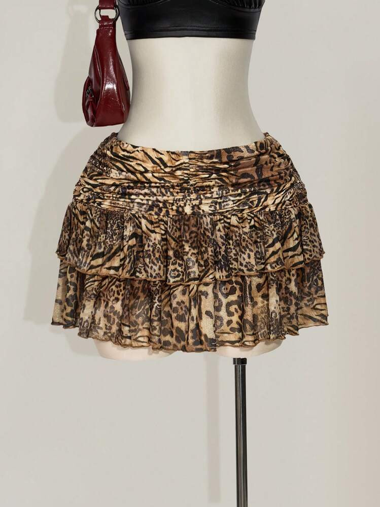 SHEIN ICON Plus Size High Waist Ruffle Hem Pleated Leopard Print Skirt, Fashionable For Summer | SHEIN