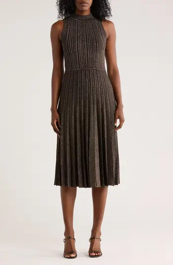 T Tahari Metallic Pleated Mock Neck Sleeveless Midi Dress | Nordstromrack | Nordstrom Rack