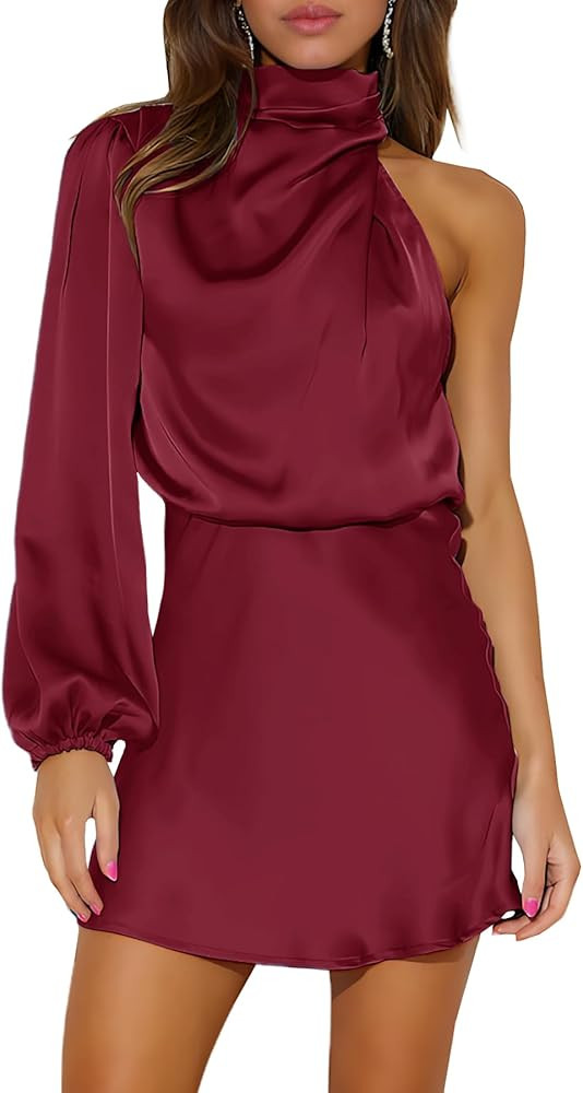 Ferlema Women's Satin Cocktail Dresses Mock Neck One Shoulder Long Sleeve High Waist Wedding Gues... | Amazon (US)