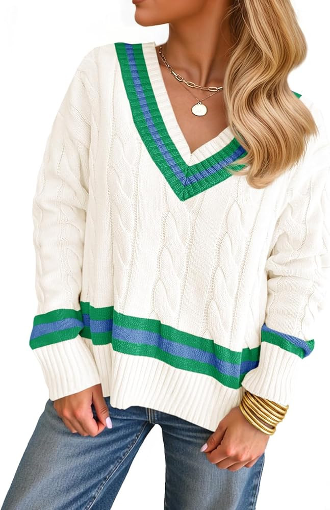 Saodimallsu Womens V Neck Cable Knit Sweaters Long Sleeve Color Block Preppy Sweater Fall Loose C... | Amazon (US)