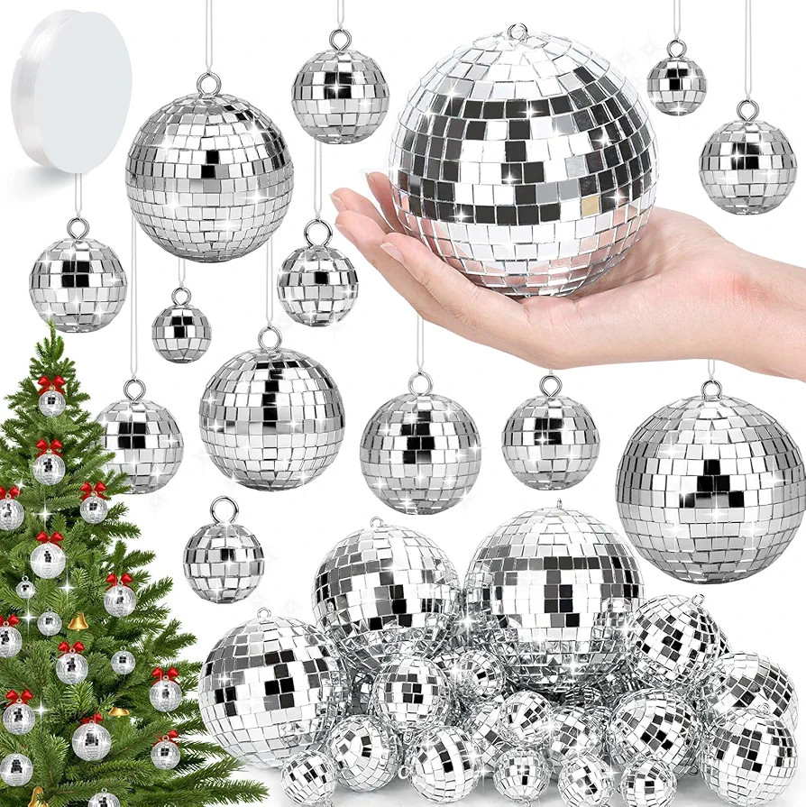 34 Pcs Disco Balls with Hanging Line, 6 Sizes Mini Disco Balls Decor (3.9-1.2 in) Different Assor... | Amazon (US)