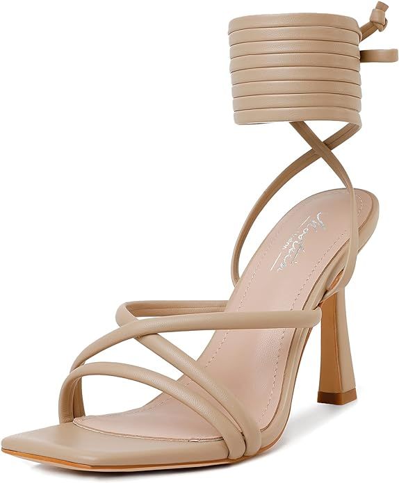 Mostrin White Strappy Heels for Women Lace Up Heels Tie Up Stiletto High Heeled Sandals Square Op... | Amazon (US)