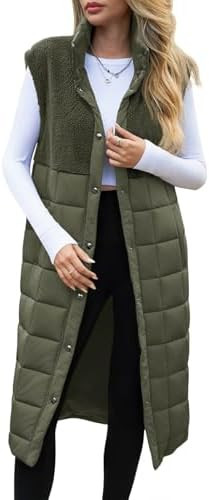 UMEKO Women's Long Puffer Vest Fleece Jacket Winter Button Down Sleeveless Coats | Amazon (US)