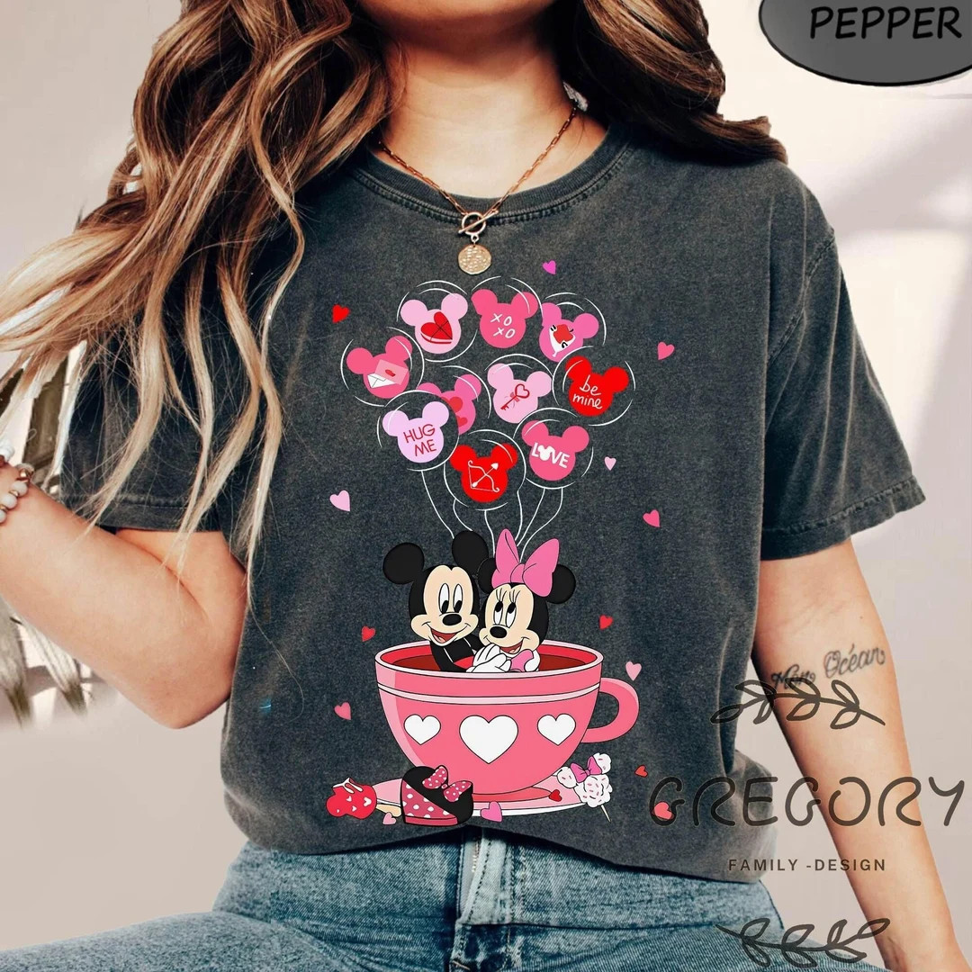 Disney Mickey and Minnie Valentine Balloon Tea Cup Comfort Colors Shirt, Disney Coffee Cup Couple... | Etsy (US)