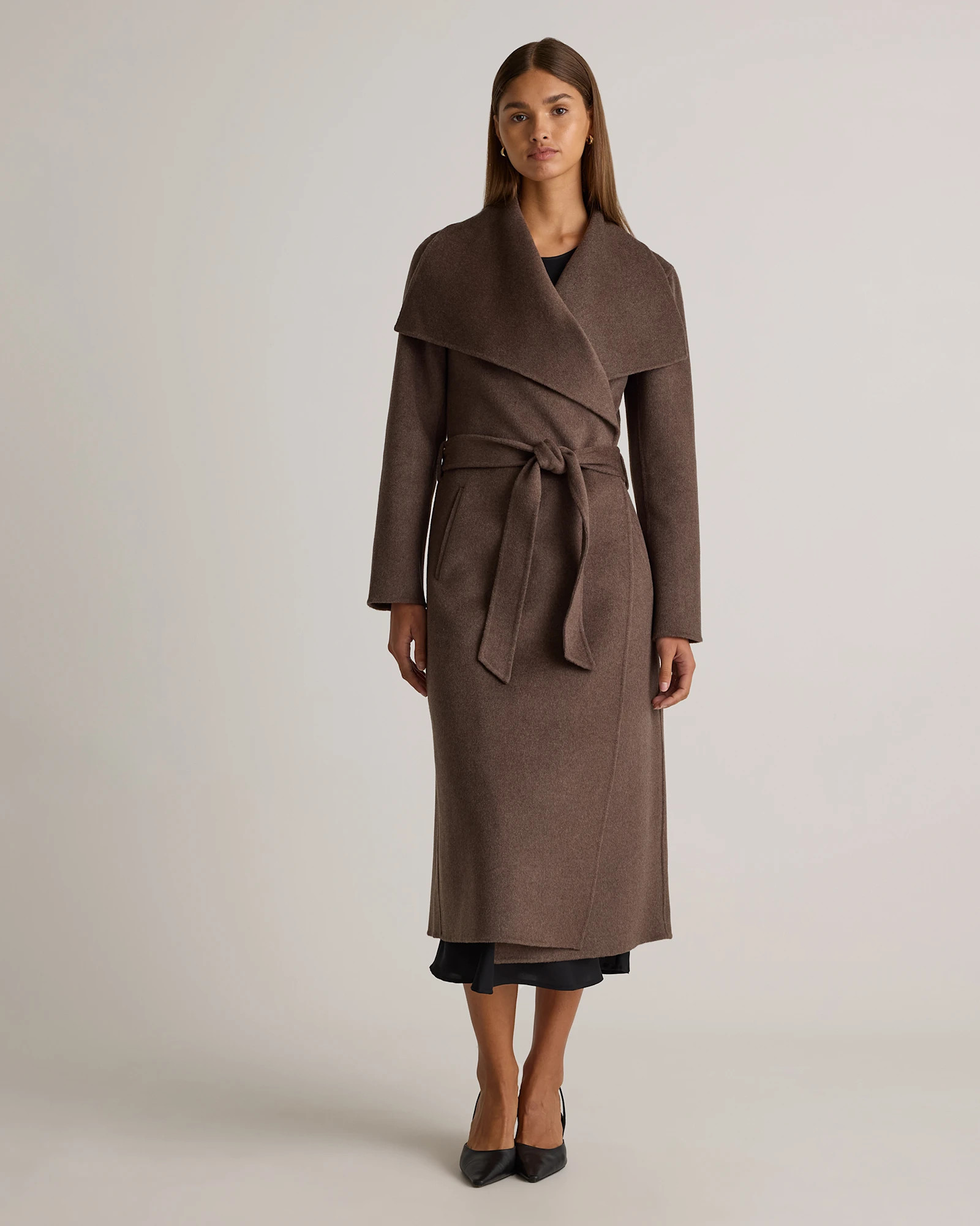 Quince | Women's Double-Faced Merino Wool Draped Collar Wrap Coat in Caramel, Size Large, Wool/Nylon | Quince