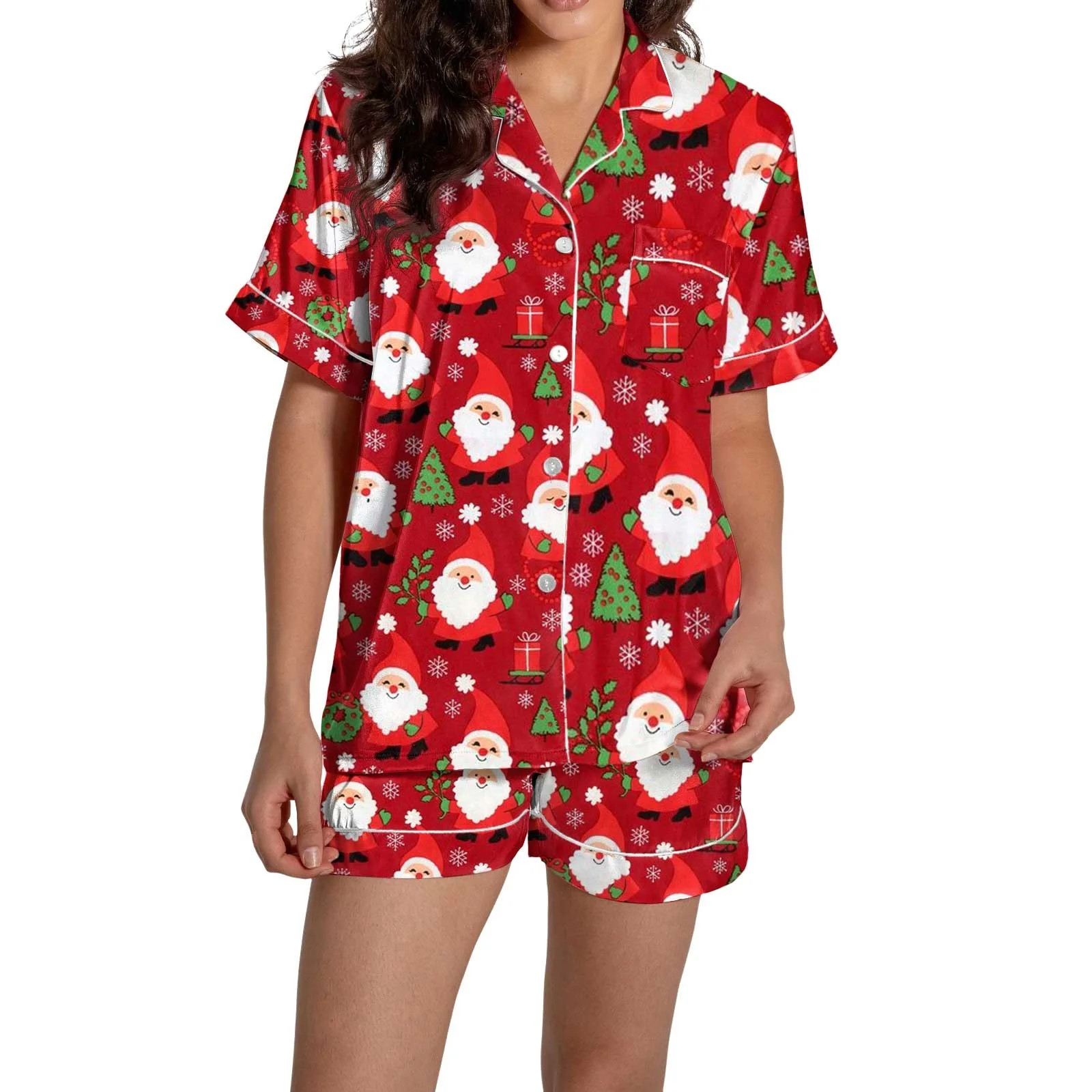 Christmas Red Pajamas for Women Set Women Pajamas Graphic Printed Silk Satin Cute Sleepwear Butto... | Walmart (US)
