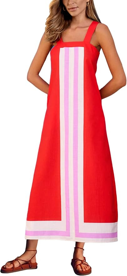Ailoqing 2025 Women Bohemian Floral Dress Summer Casual Color Block Maxi Beach Overall Dress Cove... | Amazon (US)