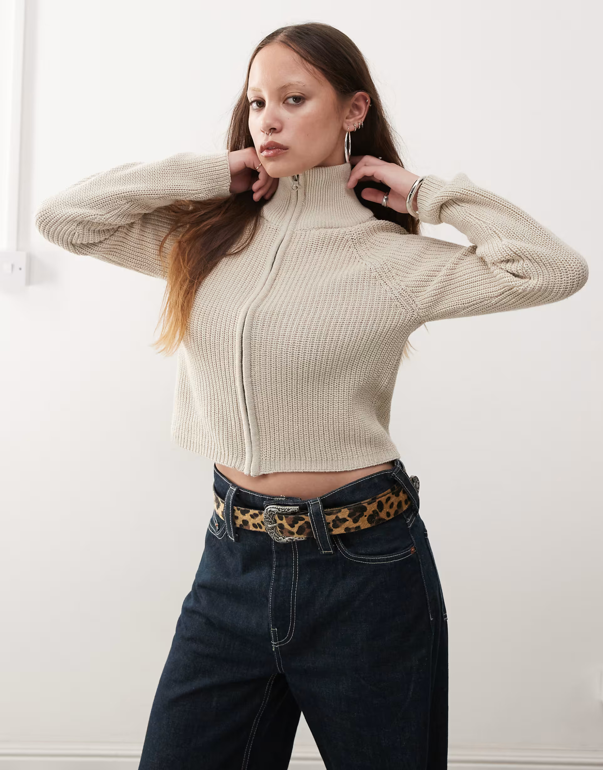 Noisy May zip through funnel neck knitted cardigan in beige | ASOS | ASOS (Global)