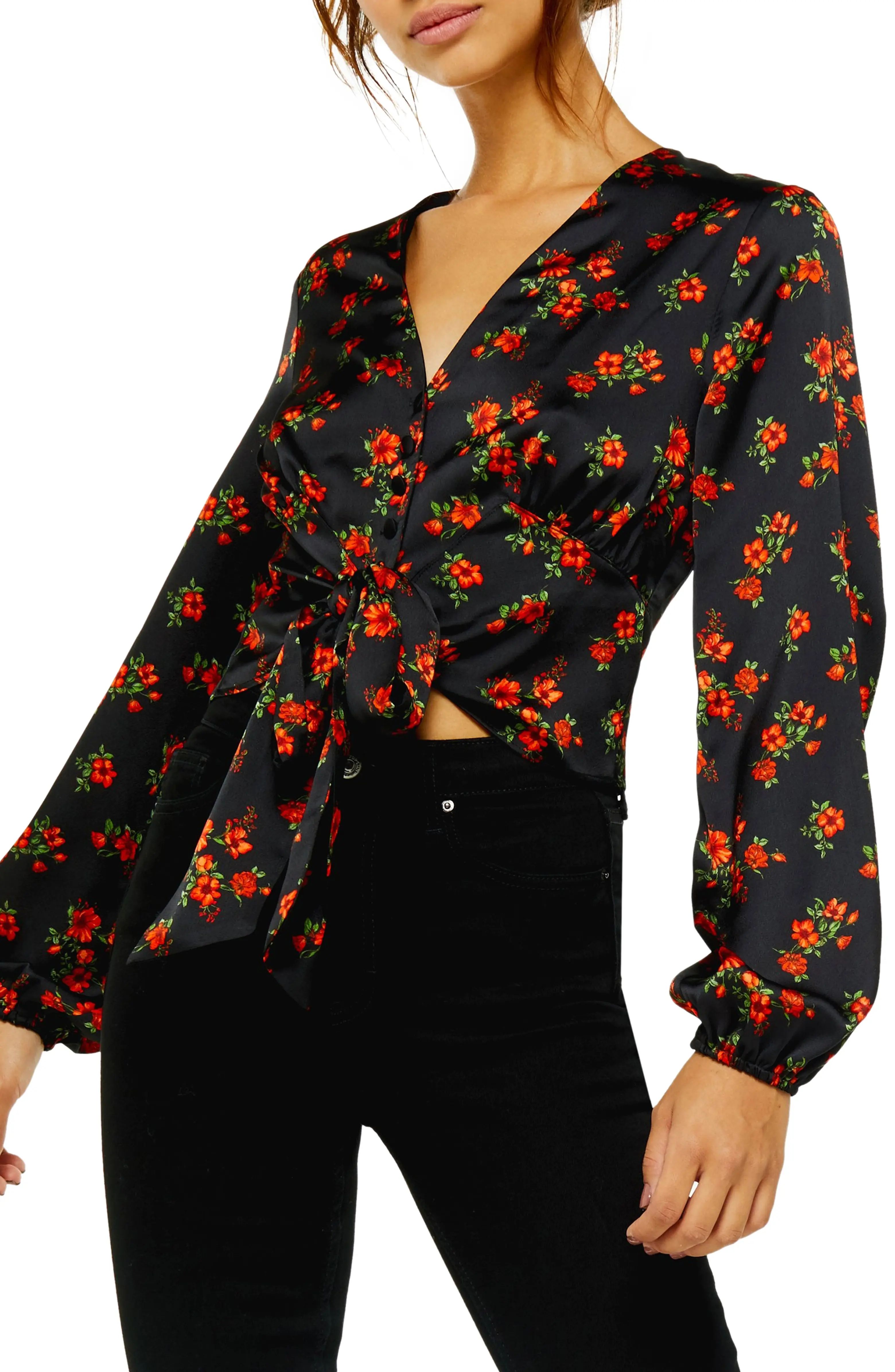 Floral Tie Front Long Sleeve Blouse | Nordstrom
