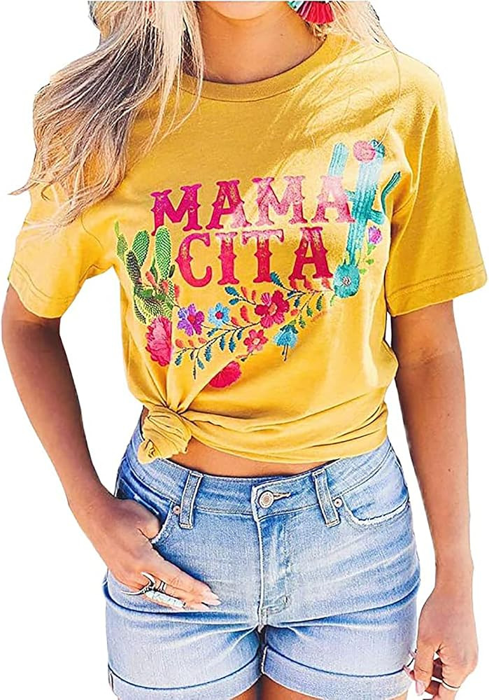 Mamacita T-Shirt for Women Flowers Cactus Letter Print Graphic Tees Casual Summer Vacation Short ... | Amazon (US)