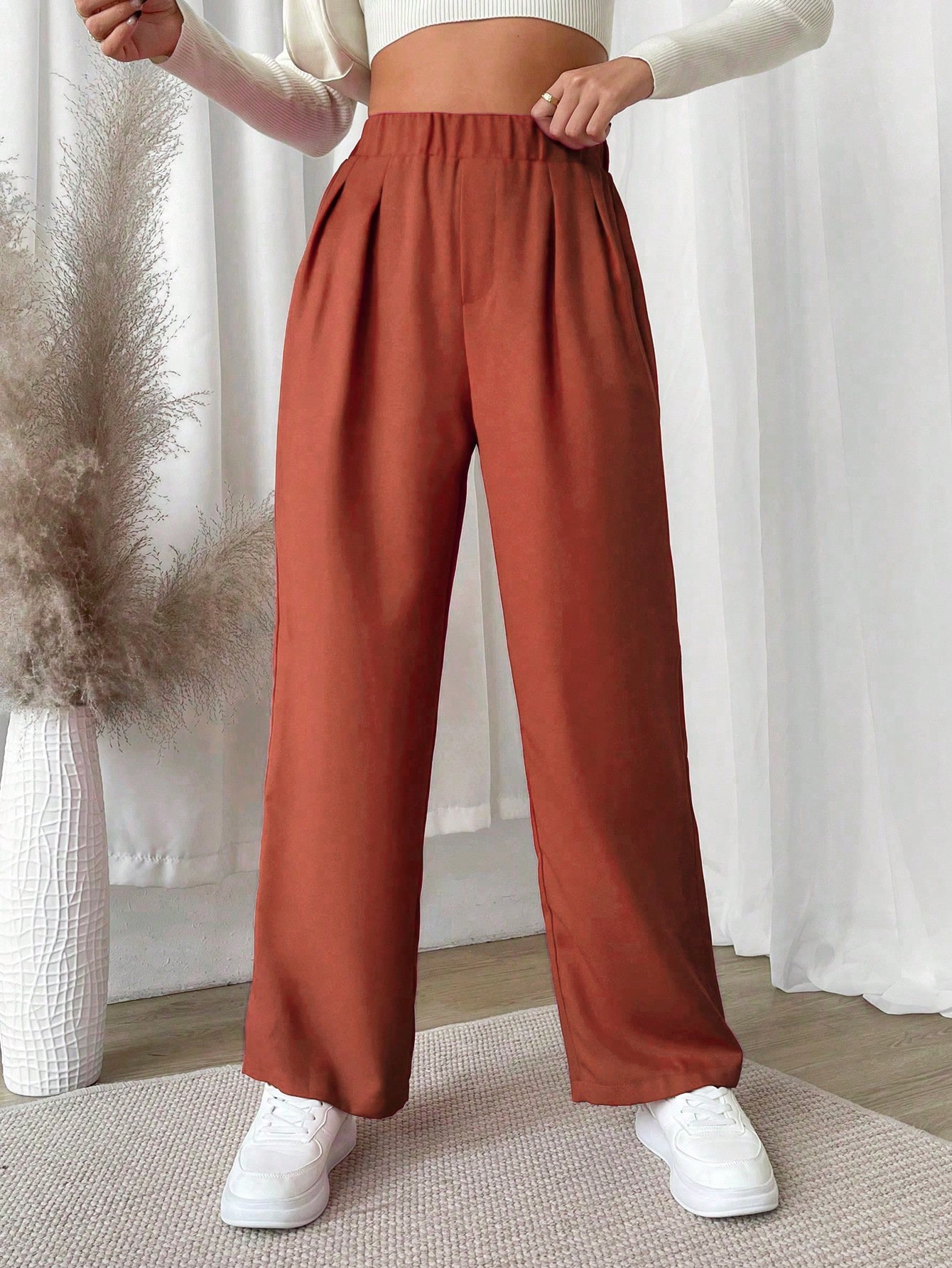SHEIN EZwear Solid Color Elastic Waist Straight Leg Pants | SHEIN