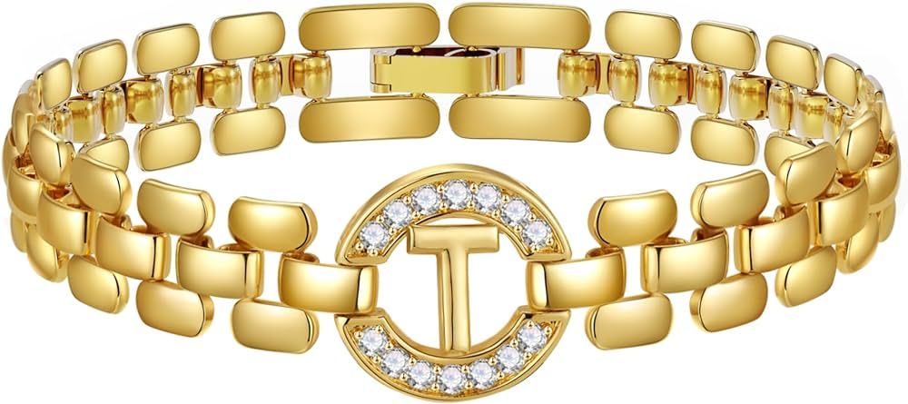 Initial Bracelets for Women, 14K Gold Plated Letter A-Z Bracelets Thick Watch Band Chain Bracelet... | Amazon (US)