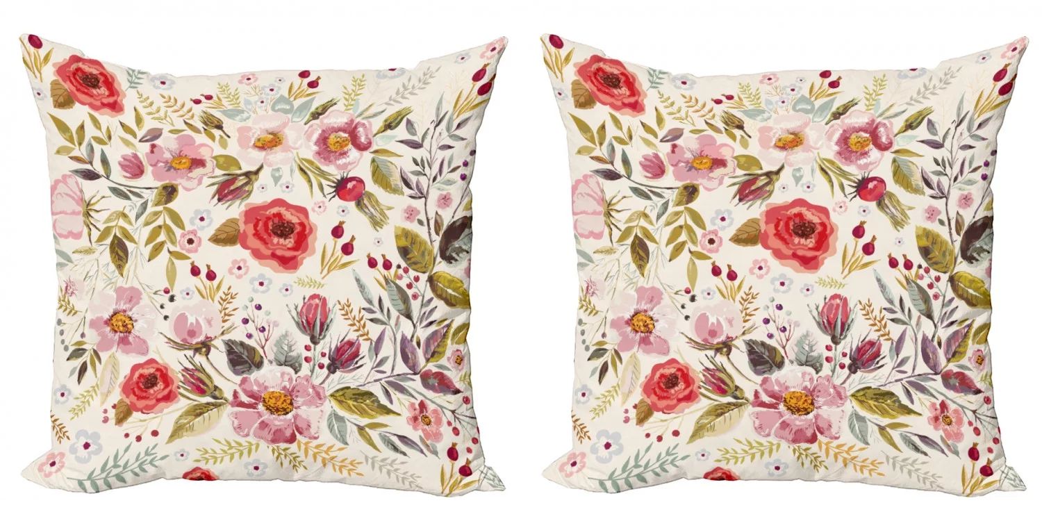 Floral Throw Pillow Cushion Cover Pack of 2, Hand Drawn Watercolor Style Flowers Roses Blooms Lea... | Walmart (US)