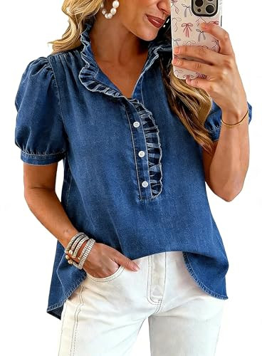 utcoco Denim Shirt Women Y2k Ruffle Denim Top Button Down Jean Shirt 2026 Summer Puff Short Sleev... | Amazon (US)